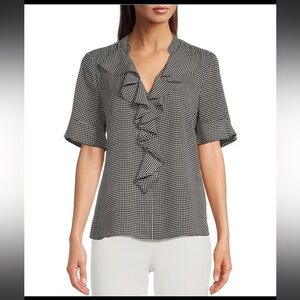 Karl Lagerfeld Paris Short Sleeve Ruffle Front V-Neck Print Blouse